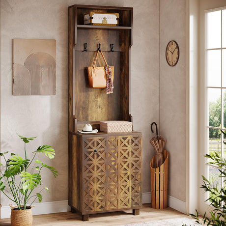 Tribesigns 3-in-1 Entryway Hall Tree with Storage, Farmhouse Hall Tree with Coat Rack, Top Storage and Shoe Cabinet for Entryway, Hallway, Bedroom, Rustic Brown Tribesigns