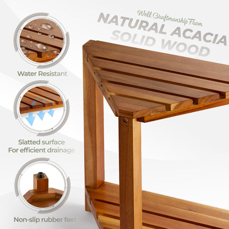 BLUEWEST Corner Shower Stool, Wooden Corner Shower Bench for Shaving Legs Inside Shower, Waterproof Shower Foot Rest with Storage Shelf, Shower Seats and Benches BLUEWEST