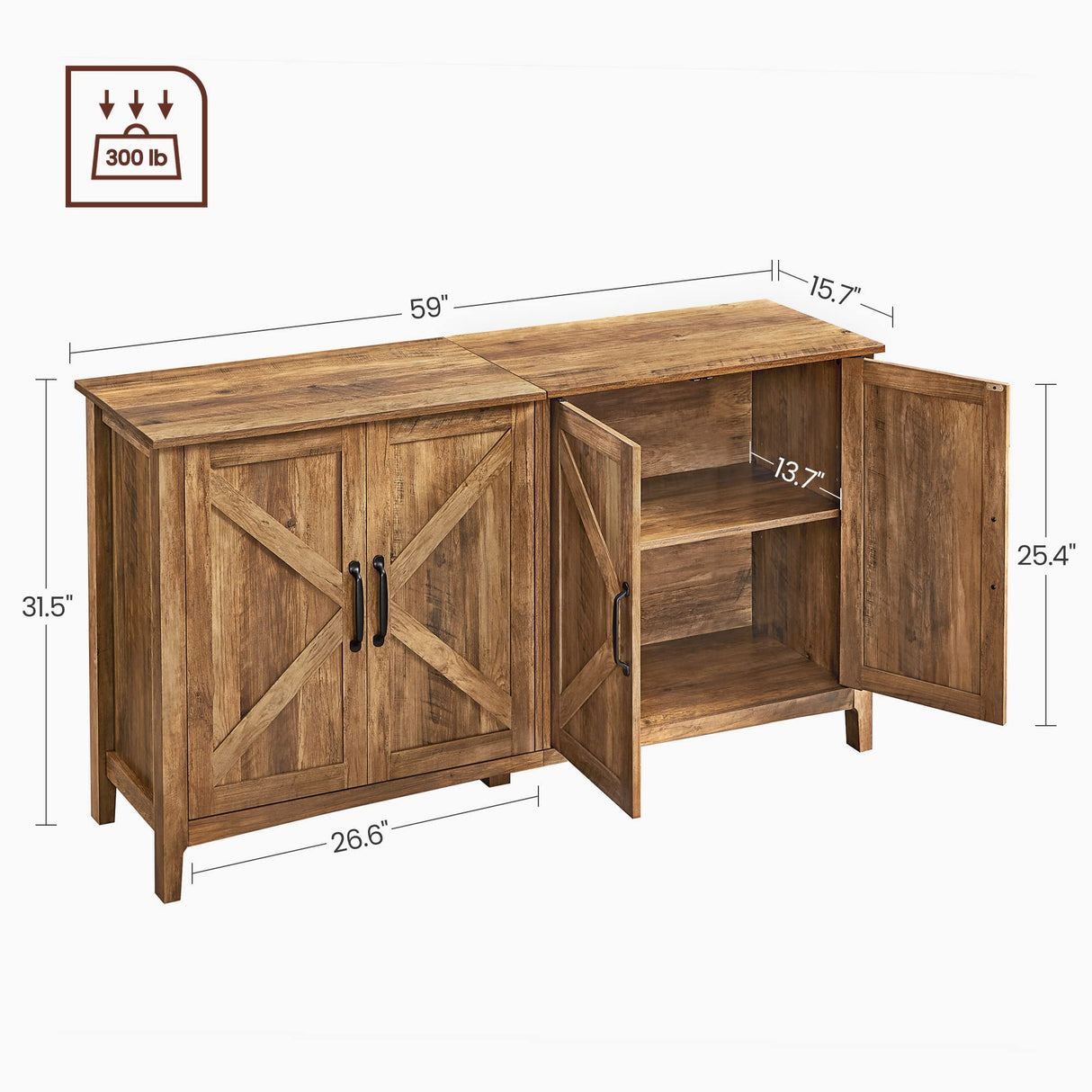 VASAGLE Buffet Storage Cabinet, 15.7" D x 59" W x 31.5" H Credenza Sideboard Table, Kitchen Cupboard with Adjustable Shelves for Living Room, Dining Room, Entryway, Rustic Walnut ULSC381T41 VASAGLE