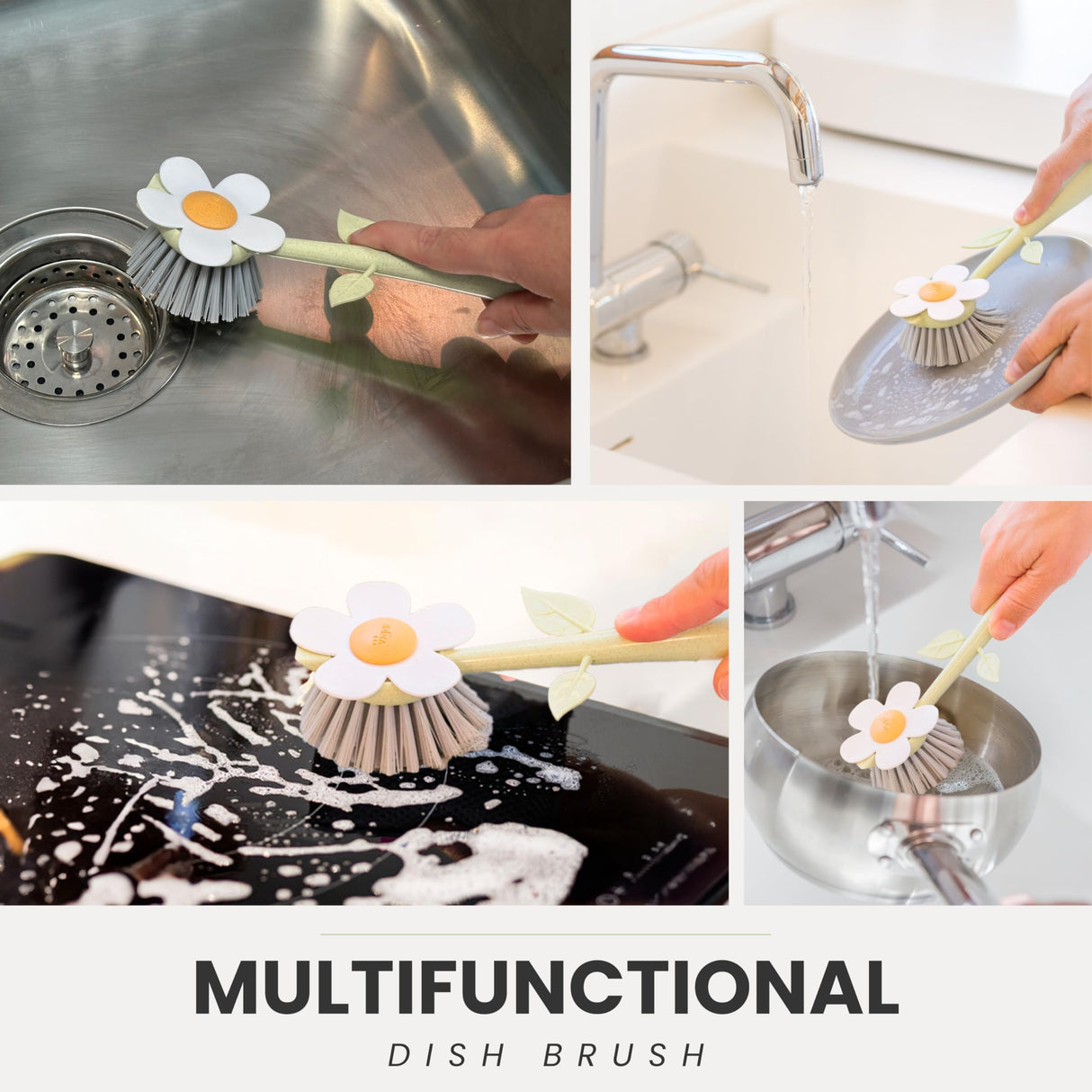 Vigar Florganic Daisy-Shaped Dish Brush, a Dish Brush with Handle, and a Dish Brush with Stand for Pot Scrubber, Kitchen Dishes, and Sink Cleaning Vigar