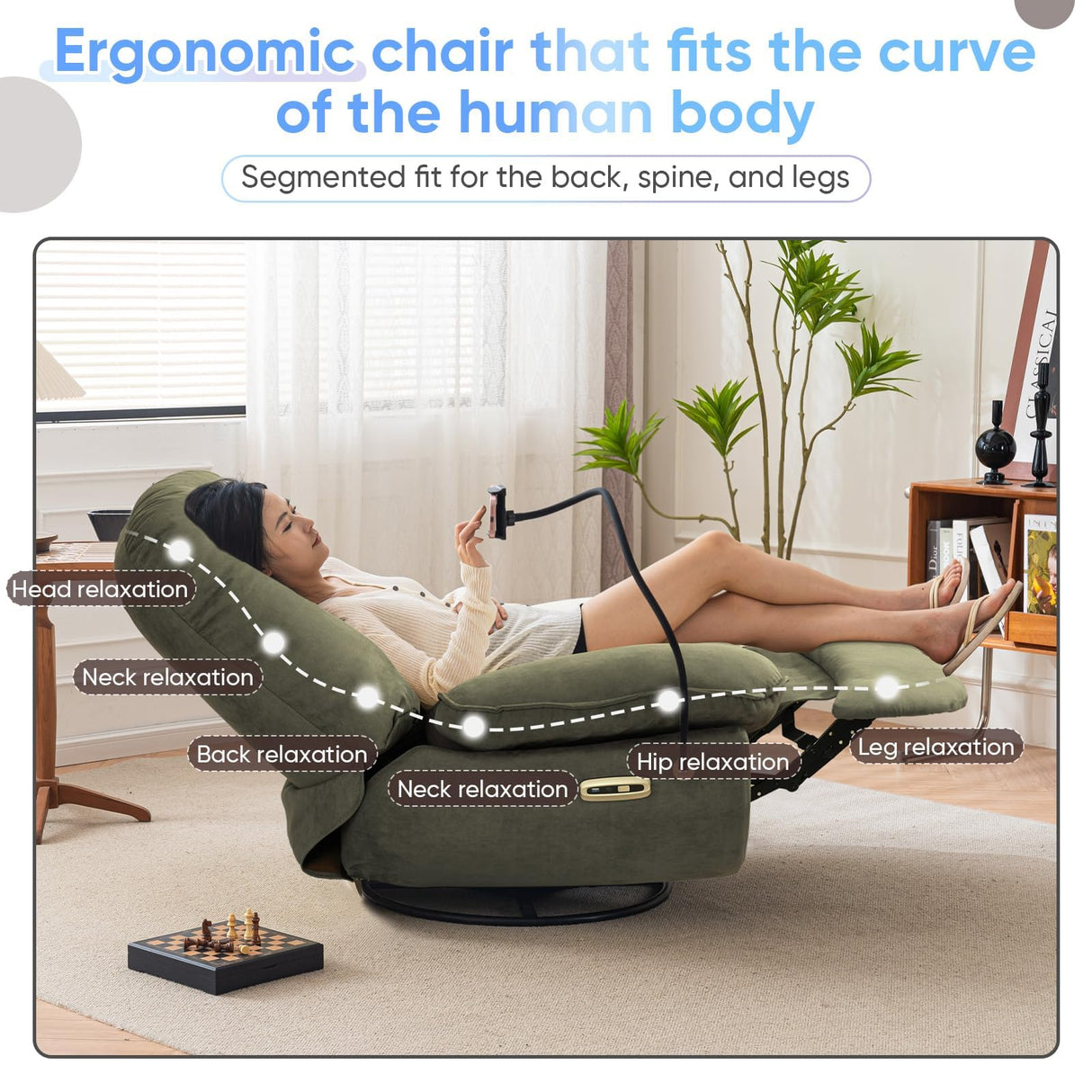 Smart Oversized Electric Recliner Chair, 360° Round Swivel Rocking Glider Rocker for Adults Modern Comfy Ergonomic Chaise Lounge Indoor, Theater Seating Living Room Reading, Emerald Green Fabric Deolme
