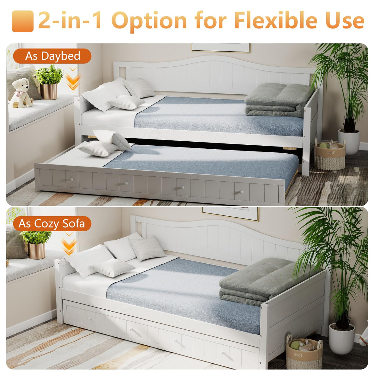 Sweetcrispy Twin Size Day Bed Frame with Trundle, Integrated Headboard & Armrests, Space-Saving Trundle Bed for Living Room, Bedroom, Guest Room, Sturdy Wood Construction for Adults and Kids, White Sweetcrispy