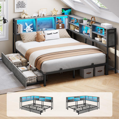 DICTAC Corner Full Bed Frame with Bookcase Storage and Led Lights Metal Platform Bed Frame with 2 Drawers & Charging Station Full Size Daybed with Storage for Living Room,Bedroom,Guest Room,Oak Gray