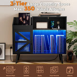 MULEJYBO Large Black Record Player Stand with Magnetic Door,350 Vinyl Record Storage Cabinet, Record Player Table with Power Outlet & LED Light,Turntable Stand with Wood Legs for Living Room,Office MULEJYBO
