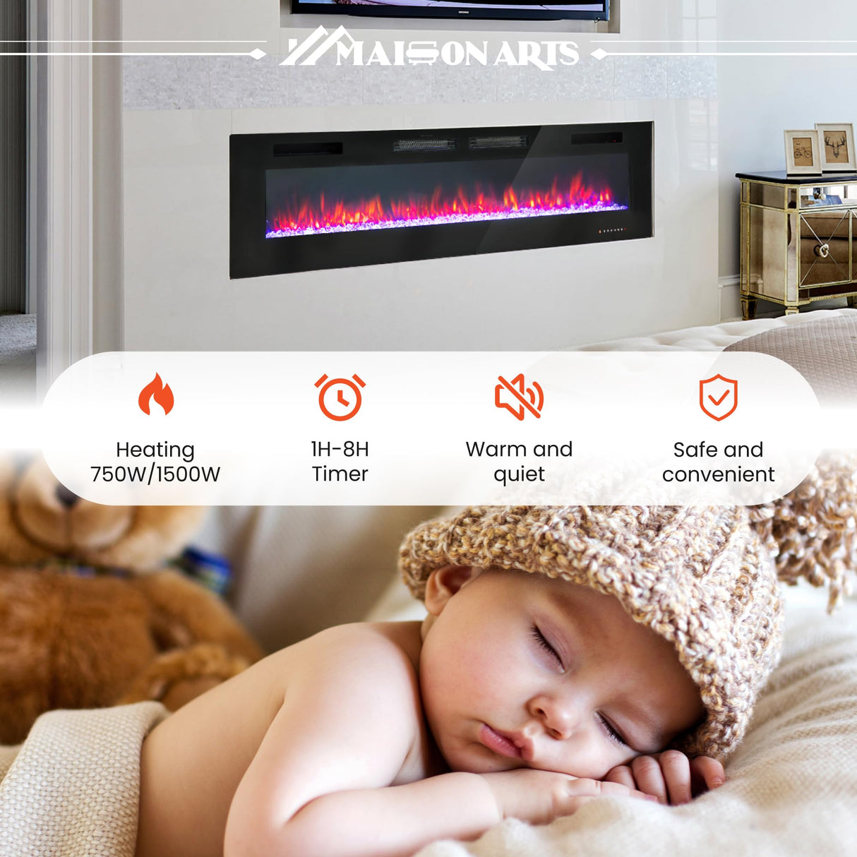 MAISON ARTS 72" Electric Fireplace Indoor Wall Mounted & Recessed Fireplace Heater with Remote Control & Touch Screen,8hrs Timer, Adjustable Flame & Bed Colors and Speed for Bedroom Living Room,1500W MAISON ARTS