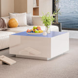 LUMISOL 27.5” High Glossy Square Coffee Table with LED Strip Lights, Modern Center Table with Frosted Tempered Glass Top, Coffee Table for Living Room, White LUMISOL