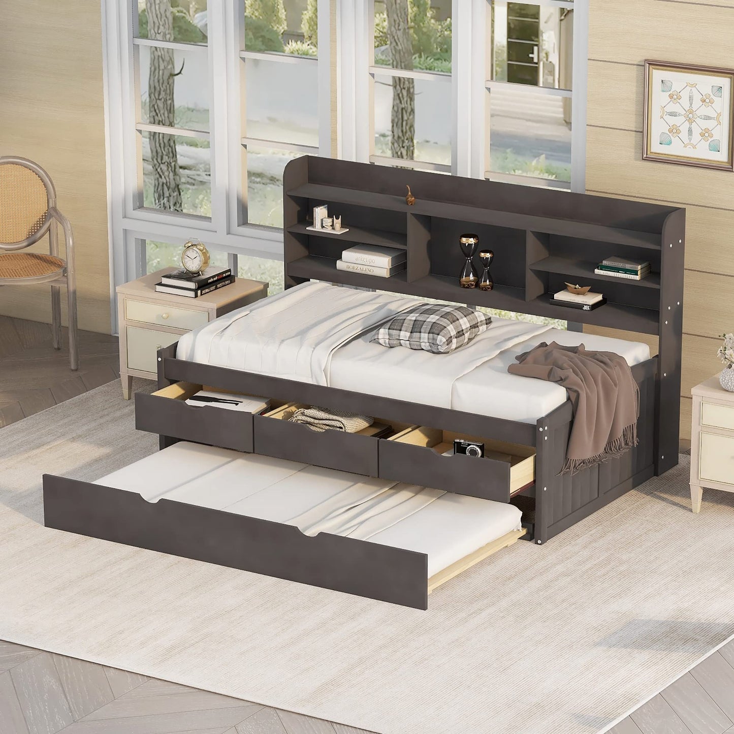 Harper & Bright Designs Twin Size Captain's Daybed with Trundle, Drawers & Bookcase in Antique Gray - WoodArtSupply