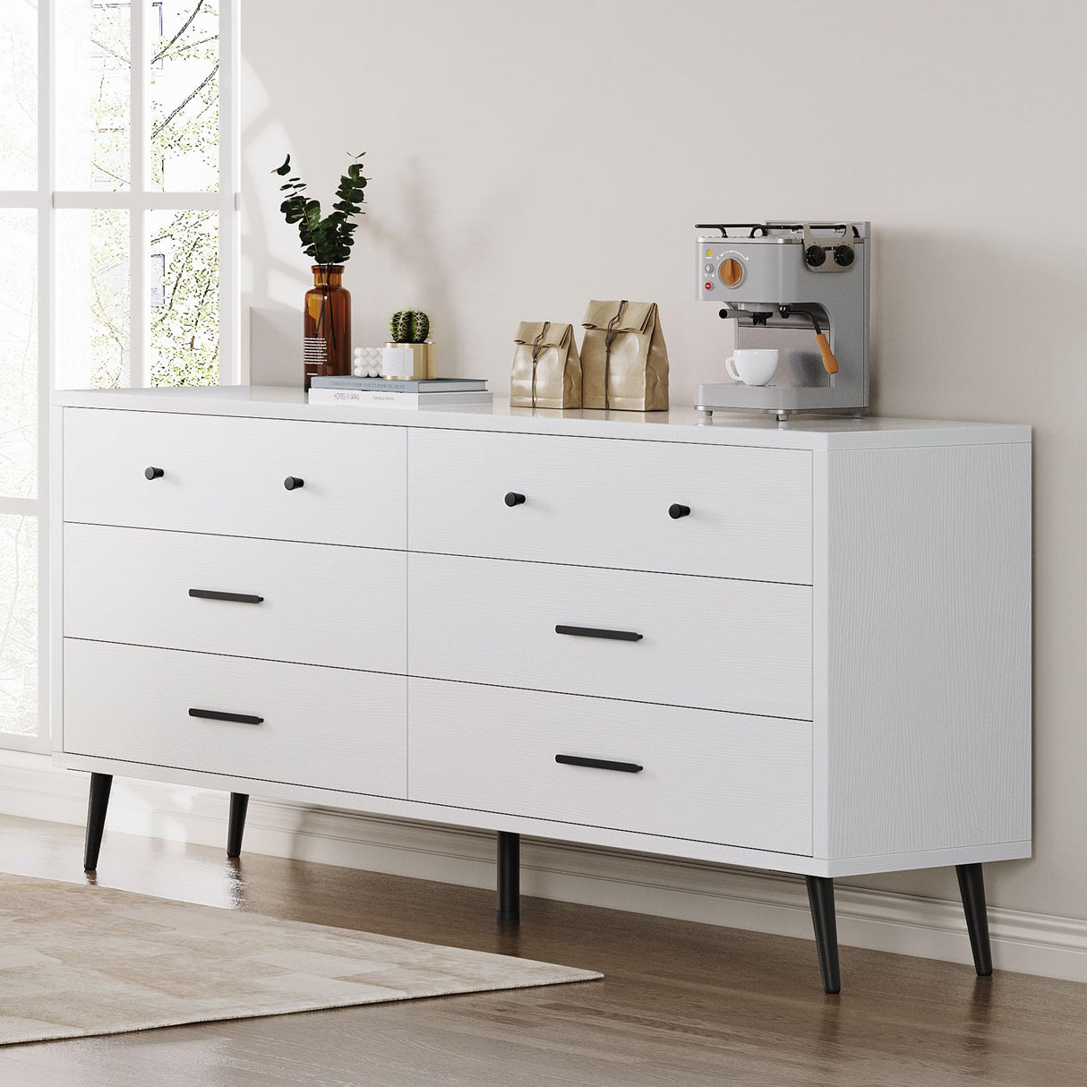 DWVO White 6 Drawers Dresser/Modern Wood Dresser Chest of Drawers with Black Metal Handle＆Anti-Tipping Device/Modern Double Storage Cabinet for Entryway/Living Room-15.7" Dx55.1 Wx31.1 H DWVO