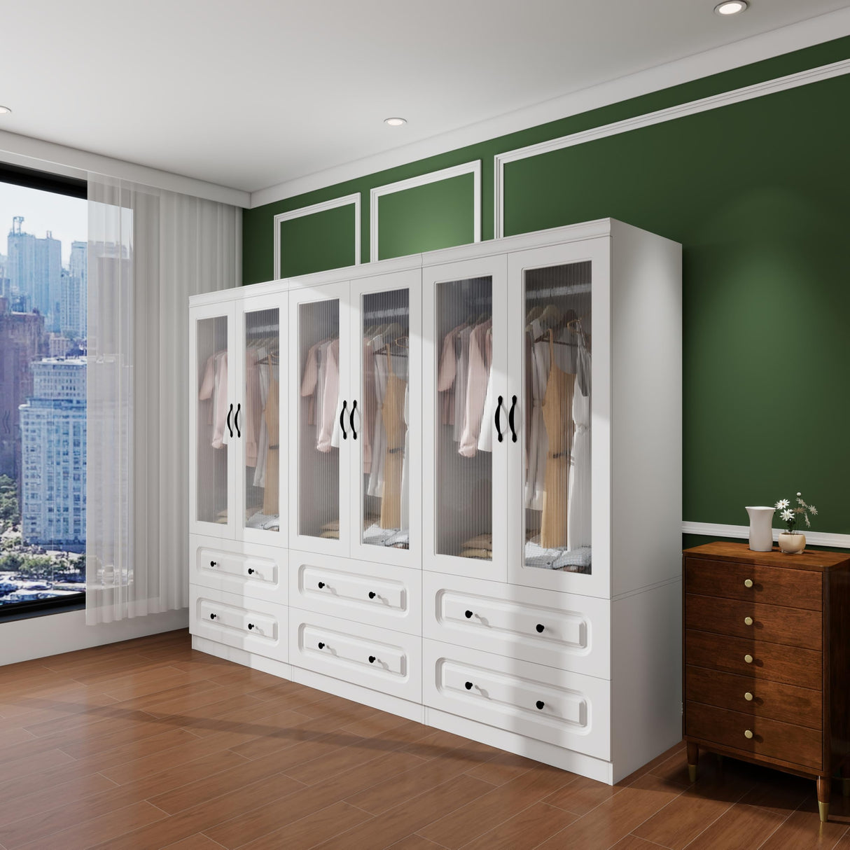 Nesbsakte White Armoire Wardrobe Closet with Glass Doors, 94.49" W x 20.47" Dx 70.87" H, 6 Drawers, Hanging Rod & Shelves, Modern Style, Large Capacity Storage, Bedroom Furniture(72-72-72) Nesbsakte