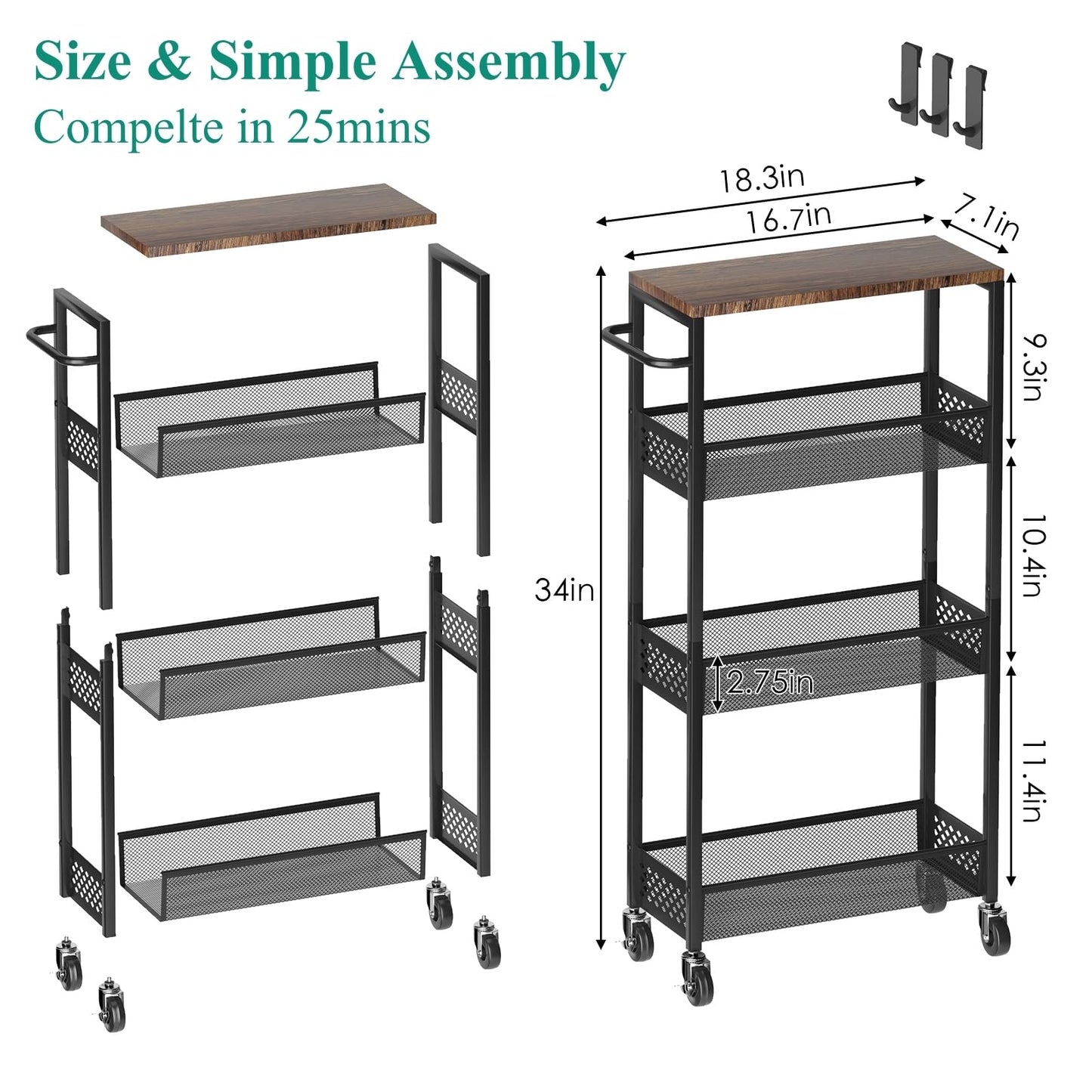 XYZLVSI Slim Storage Cart 4 Tier Narrow Kitchen Rolling Cart on Wheels for Small Space, Mobile Utility Cart Shelving Unit with Wooden Top and Metal Handle for Kitchen, Bathroom, Laundry Room