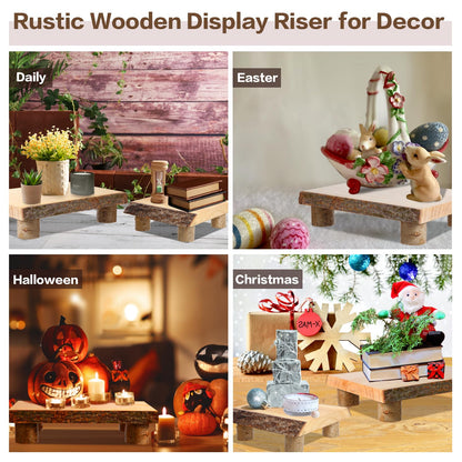 OriCre Farmhouse Display Stand 2PCS Wood Pedestal Stand Nature Decorative Stand Wood Riser for Home Decor,Bathroom Decor kitchen Boho Decor(11.4*7.9+7.9*7.9 In)