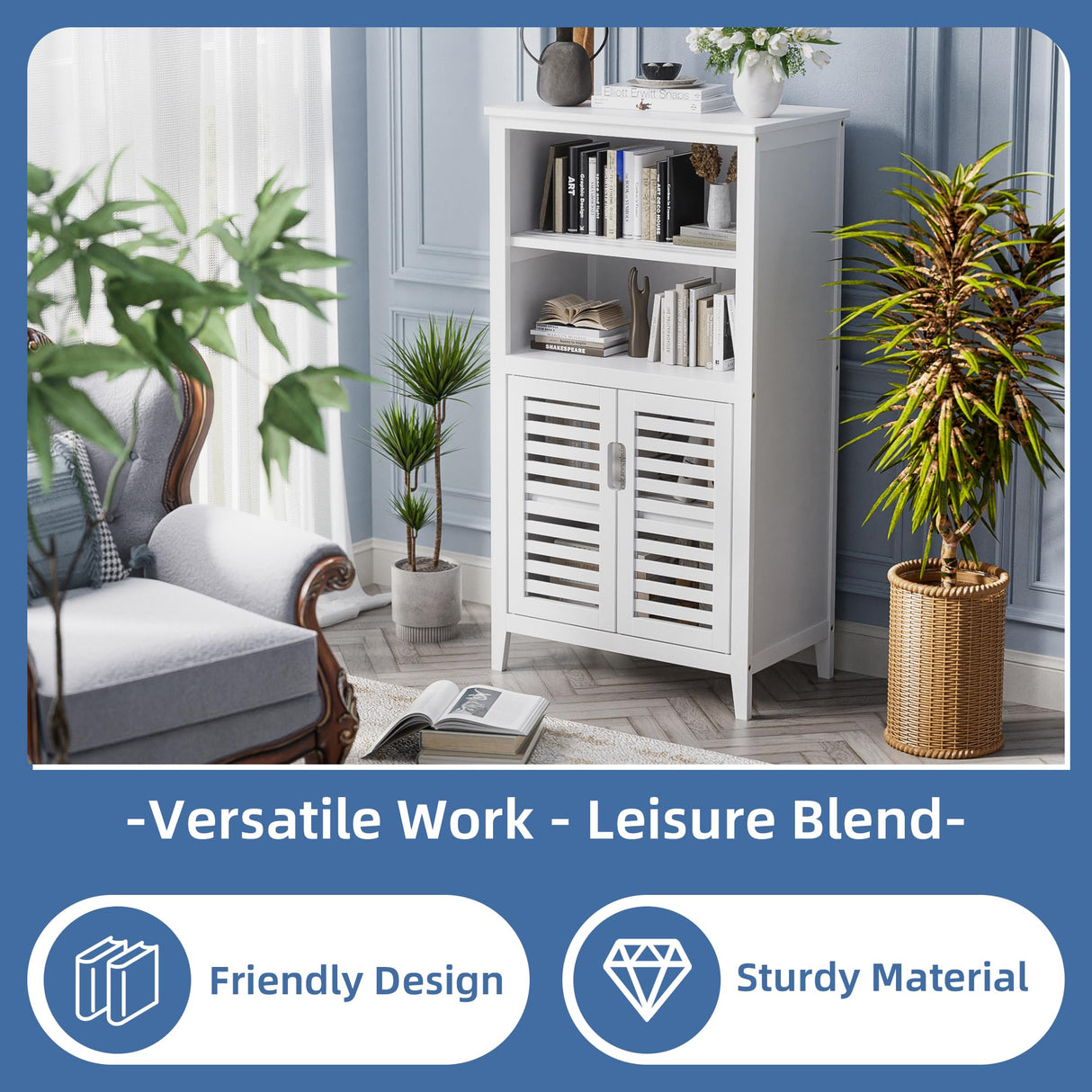 HITNET White Bathroom Cabinet, Bamboo Storage Cabinet Freestanding, Side Tall Storage Organizer for Kitchen Living Room Entryway HITNET