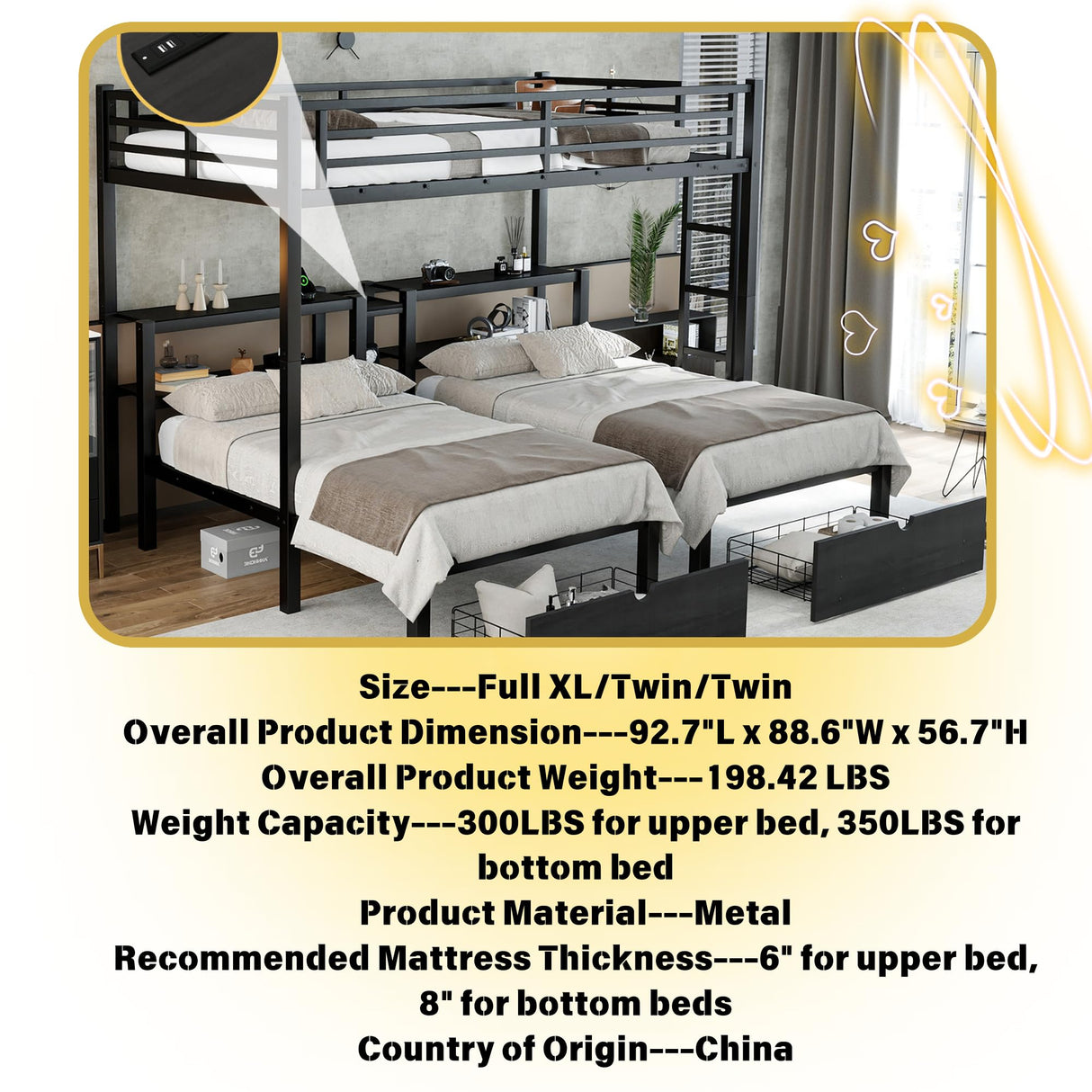 RuiSiSi Metal Triple Bunk Bed with Storage Drawers, Full XL Over Twin & Twin Bunk Beds, Multi-Functional Bunk Bed with Shelving & USB, Black RuiSiSi