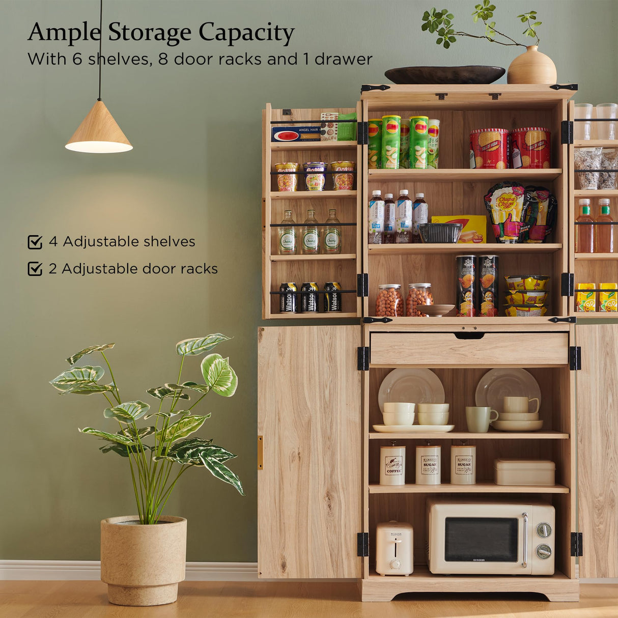 ACCOHOHO Fluted Pantry Cabinet, 72" Tall Modern Storage Cabinet with 4 Doors, Organizer, Drawer and Adjustable Shelves, Wood Cupboard for Kitchen, Dining Room, Living Room and Bathroom, Natural Oak ACCOHOHO