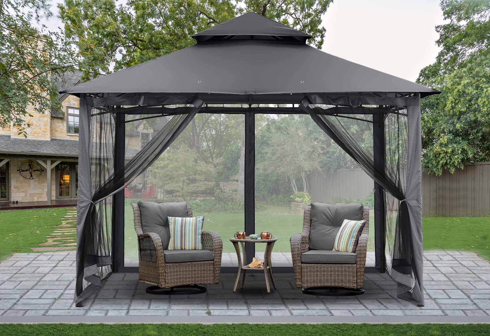 MASTERCANOPY Outdoor Garden Gazebo for Patios with Stable Steel Frame and Netting Walls (8x8,Dark Gray) - WoodArtSupply