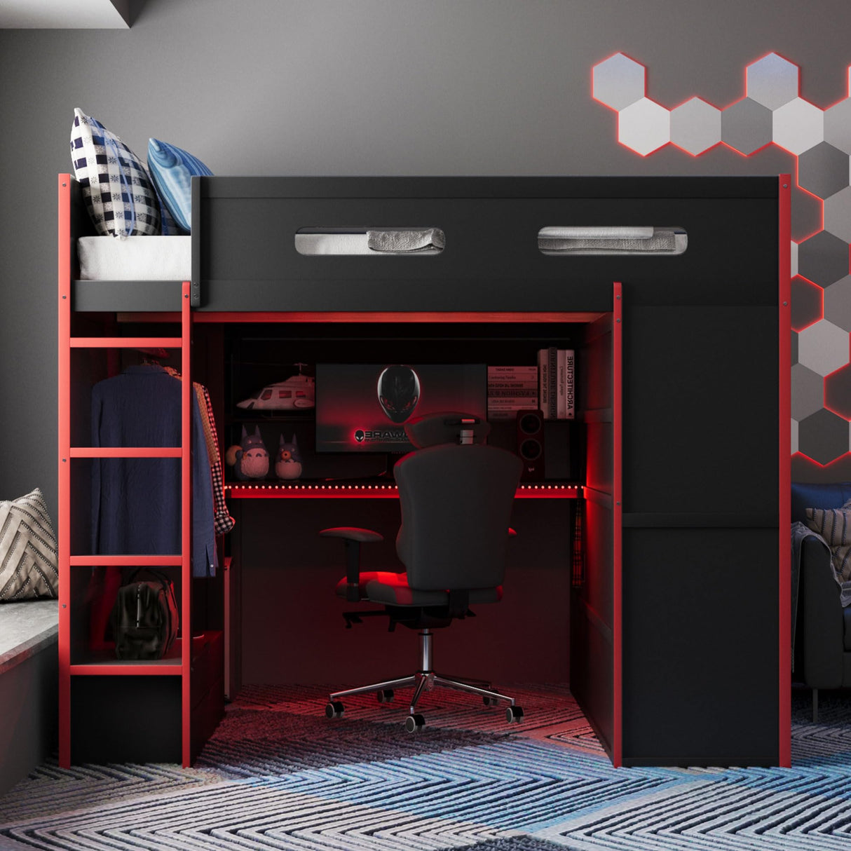 CKLMMC Full Size Gamer Loft Bed with Built-in Desk, RGB Lighting, USB Port & Storage, Gaming Bed with Wardrobe, Drawers for Kids, Teens, Adults (Red/G) CKLMMC