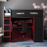 CKLMMC Full Size Gamer Loft Bed with Built-in Desk, RGB Lighting, USB Port & Storage, Gaming Bed with Wardrobe, Drawers for Kids, Teens, Adults (Red/G) CKLMMC