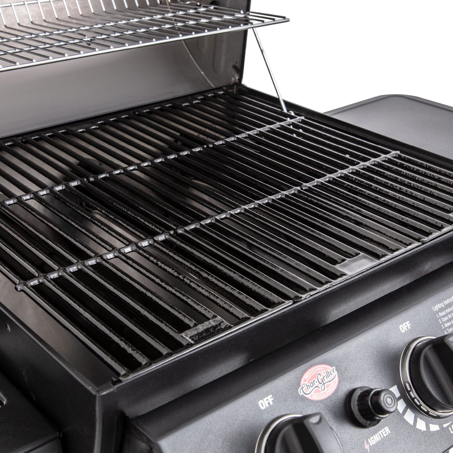 Char-Griller® Grillin' Pro 3-Burner Propane Gas Grill in Black with 40,800 BTU, Cast Iron Grates and Warming Racks, 630 Cooking Square Inches, Model E3001