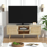 Anmytek Farmhouse Rattan TV Stand Modern Wood Media Entertainment Center Console Table for TVs up to 55 Inches with 2 Doors and 2 Open Shelves, Natural Oak, H0015 Anmytek