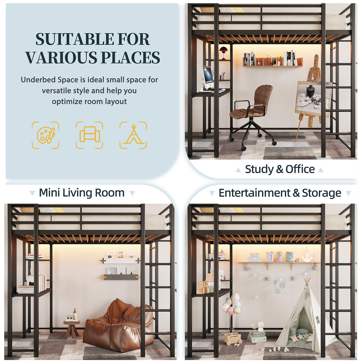 SUNLEI Loft Bed with Desk, Metal Loft Bed Twin Size with 2 Built-in Ladders, with Safety Guard,Space-Saving Bed Frame, Noise Free for Small Bedroom, Black (Twin Size) SUNLEI