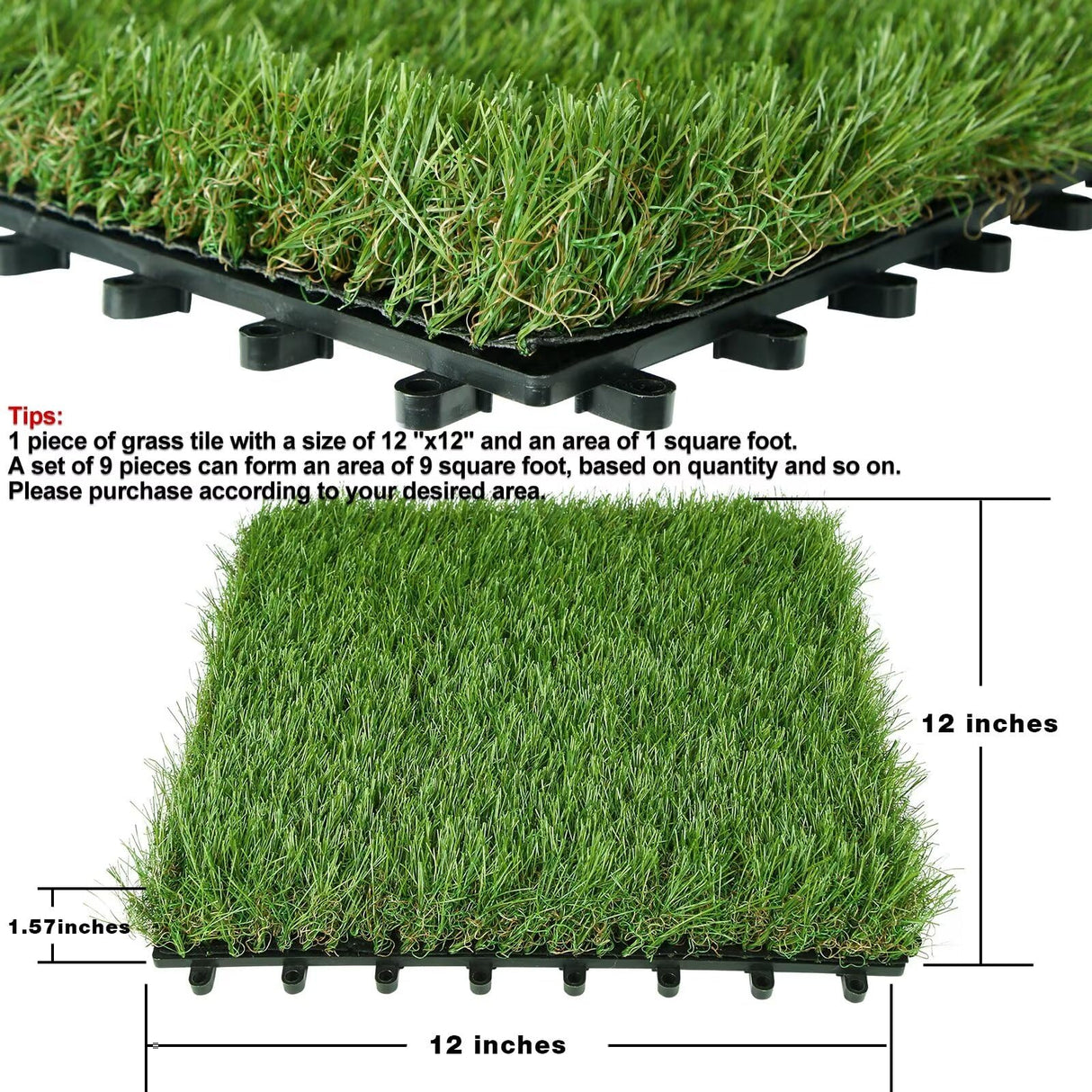 XLX TURF Artificial Grass Tiles Interlocking Turf Deck Set 9 Pack - 12"x12" Synthetic Fake Grass Self-draining Mat Flooring Decor Pad for Dog Pet Indoor Outdoor, 8 Buckle Systerm XLX TURF