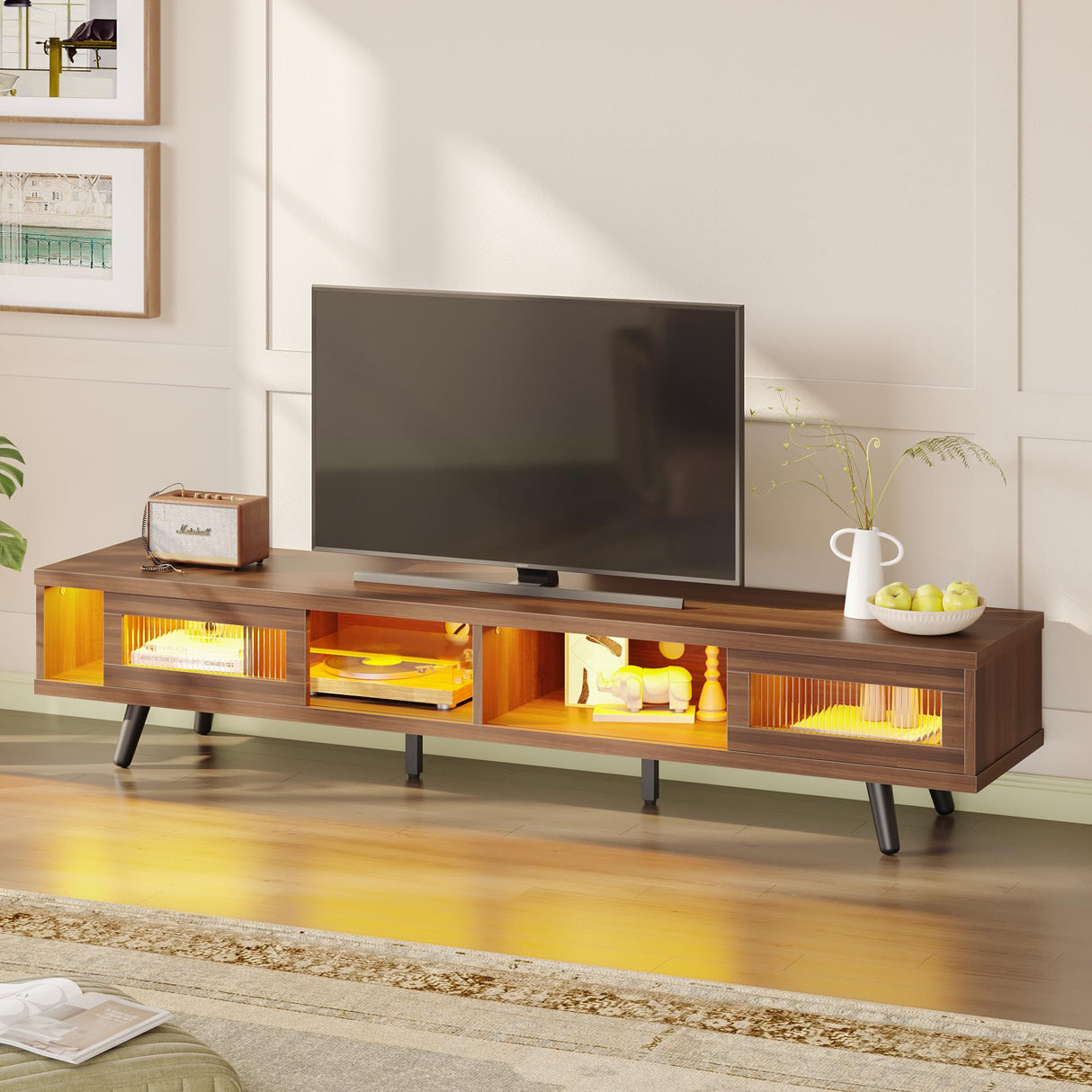 Bestier Mid Century Modern TV Stand for 75 inch TV, LED Entertainment Center with Storage and Sliding Doors, Low Profile TV Consoles for Living Room, Ancona Walnut Bestier