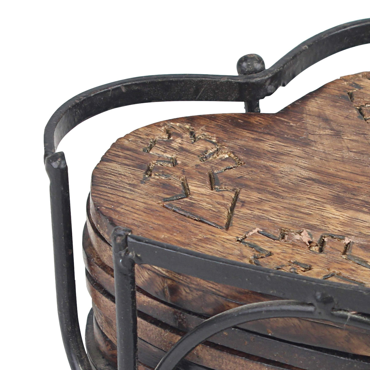Stonebriar Rustic Wooden Heart Shape Coaster Set with Metal Holder, Set of 6, Brown, 7 Piece Stonebriar