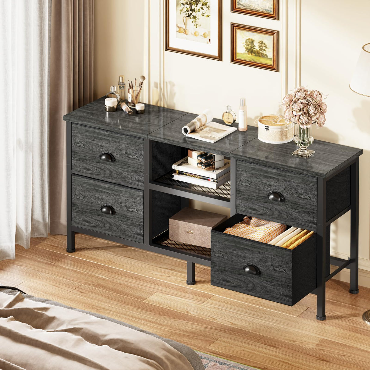 Furologee TV Stand with 4 Drawers, Small Entertainment Center with Open Shelf, Dresser TV Console Table for 50" TV, Media Center for Bedroom, Living Room/Black Oak Furologee