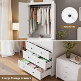 Senfot Armoire Wardrobe Closet with 3 Drawers and 2 Doors, Modern Wooden Wardrobe Cabinets for Hanging Clothes, Tall Standing Bedroom Armoires, Heavy Duty, White Senfot