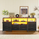 busyaeh 65 Inch Tv Stand with 12 Drawers for 55 65 70 in Tv Stands with Led Lights & Charging Station, 63" Dresser Tv Stand with Open Shelves & 6 Metal Hooks for Bedroom Living Black busyaeh