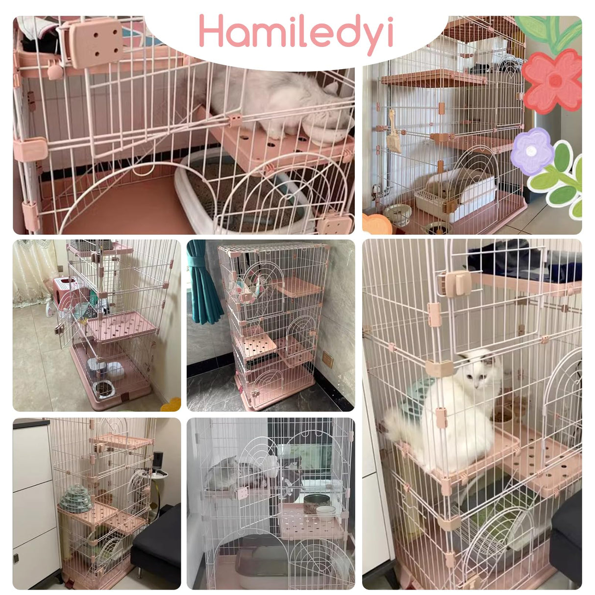 Hamiledyi Indoor Cat Cage 52 Inches Cat Villa Large Pet Crate with 3 Platforms and 1 Ramp Ladders Metal Cat Playpen with 3 Doors Outdoor Cat Enclosures Kitten Cage for Small and Medium Pets (Pink) Hamiledyi