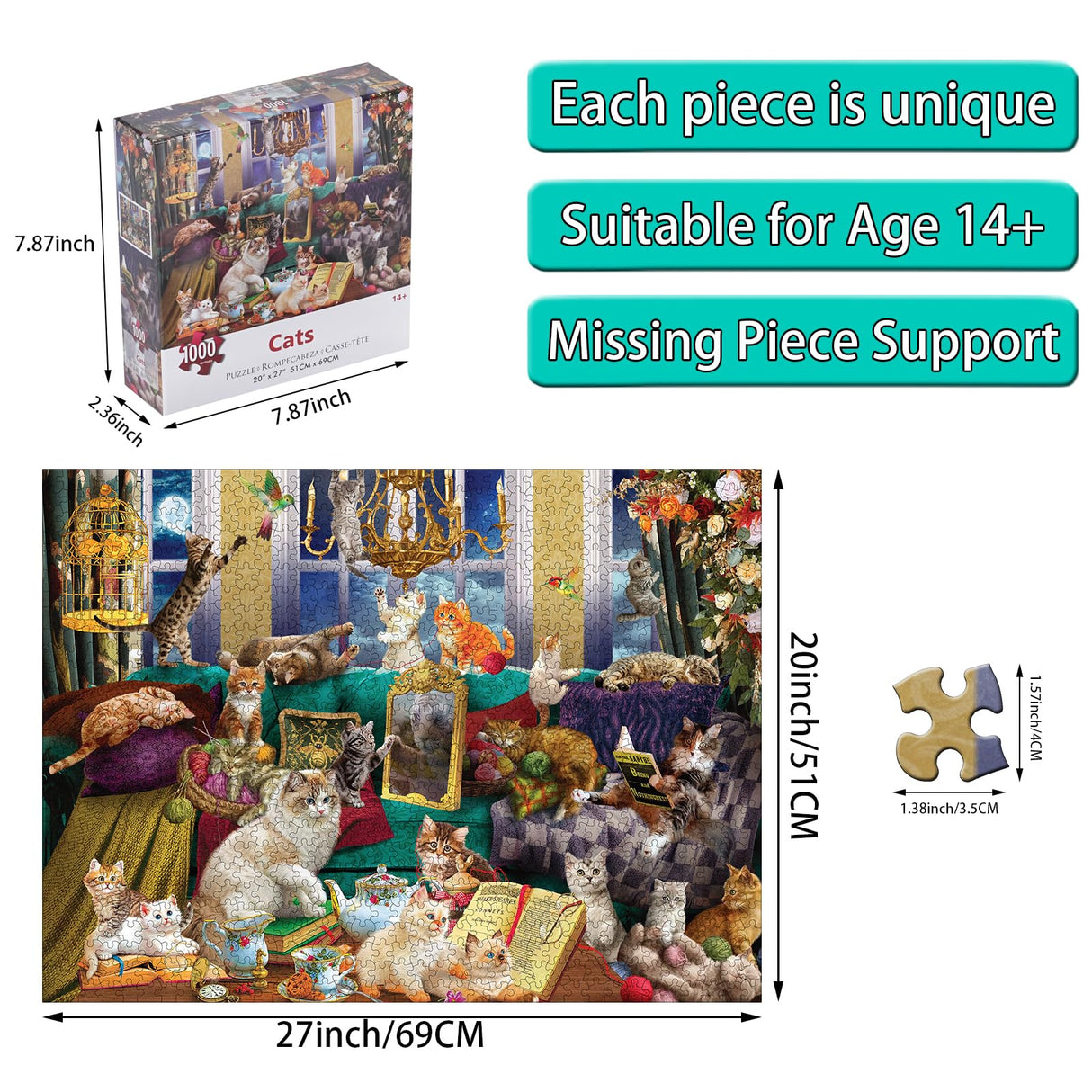 Lzbabyily Jigsaw Puzzles 1000 Pieces for Adults, Cat Puzzle Animal Adult Toys, 27x20 Unique Difficult and Challenge Large Puzzle Game Toys Gift Lzbabyily