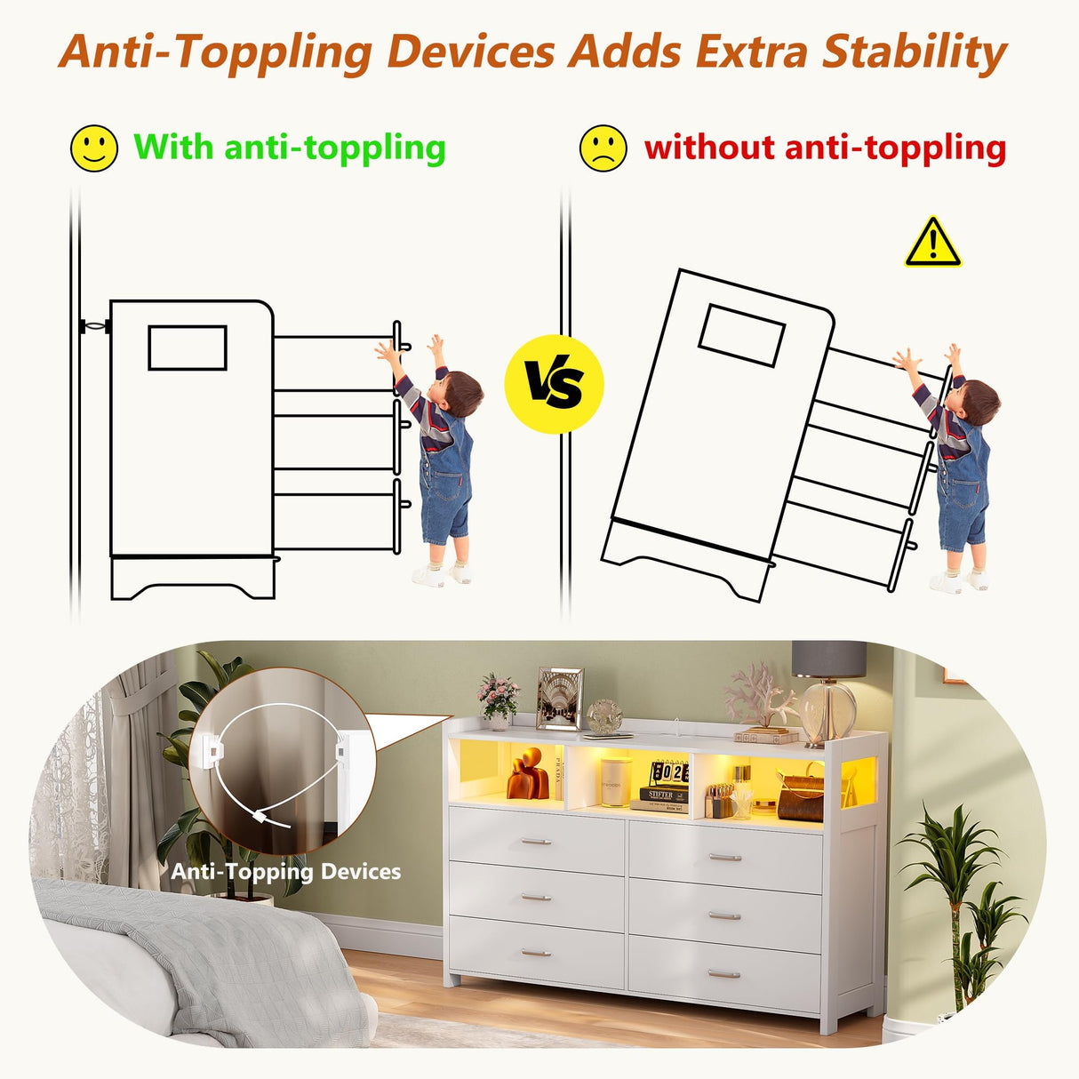 Alohappy 6 Drawer Dresser for Bedroom, LED Dresser Chest of Drawers with Power Outlets, Modern White Dresser for Bedroom, Living Room, Entryway, Hallway Alohappy