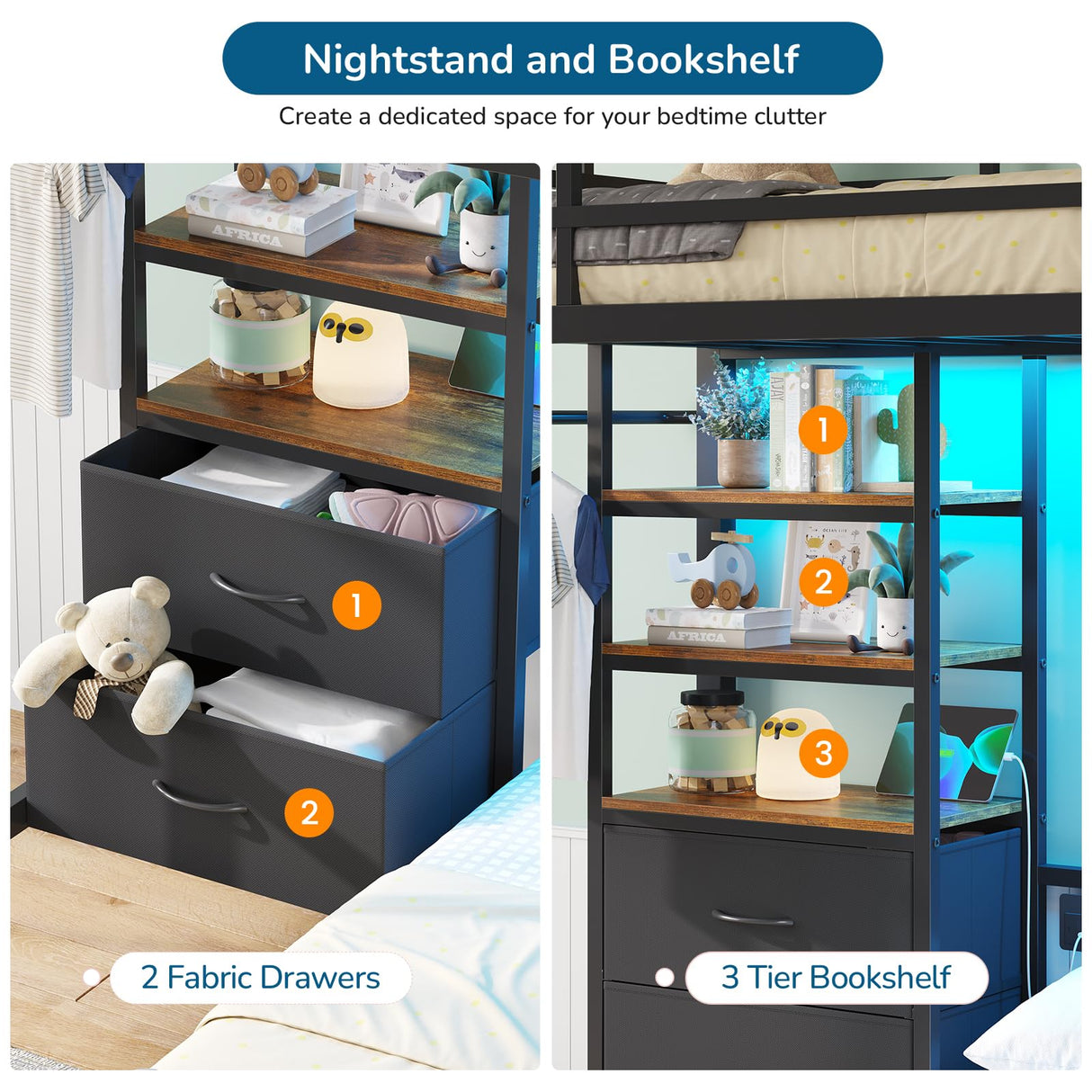 Twin Over Full Size Bunk Bed with 4 Storage Drawers and Bookshelf, Metal Bunk Beds with LED Lights, Charging Station, Loft Bunk Bed with Pegboard, Safety Guardrail and Ladders, for Kids, Teens, Adults mojiasion