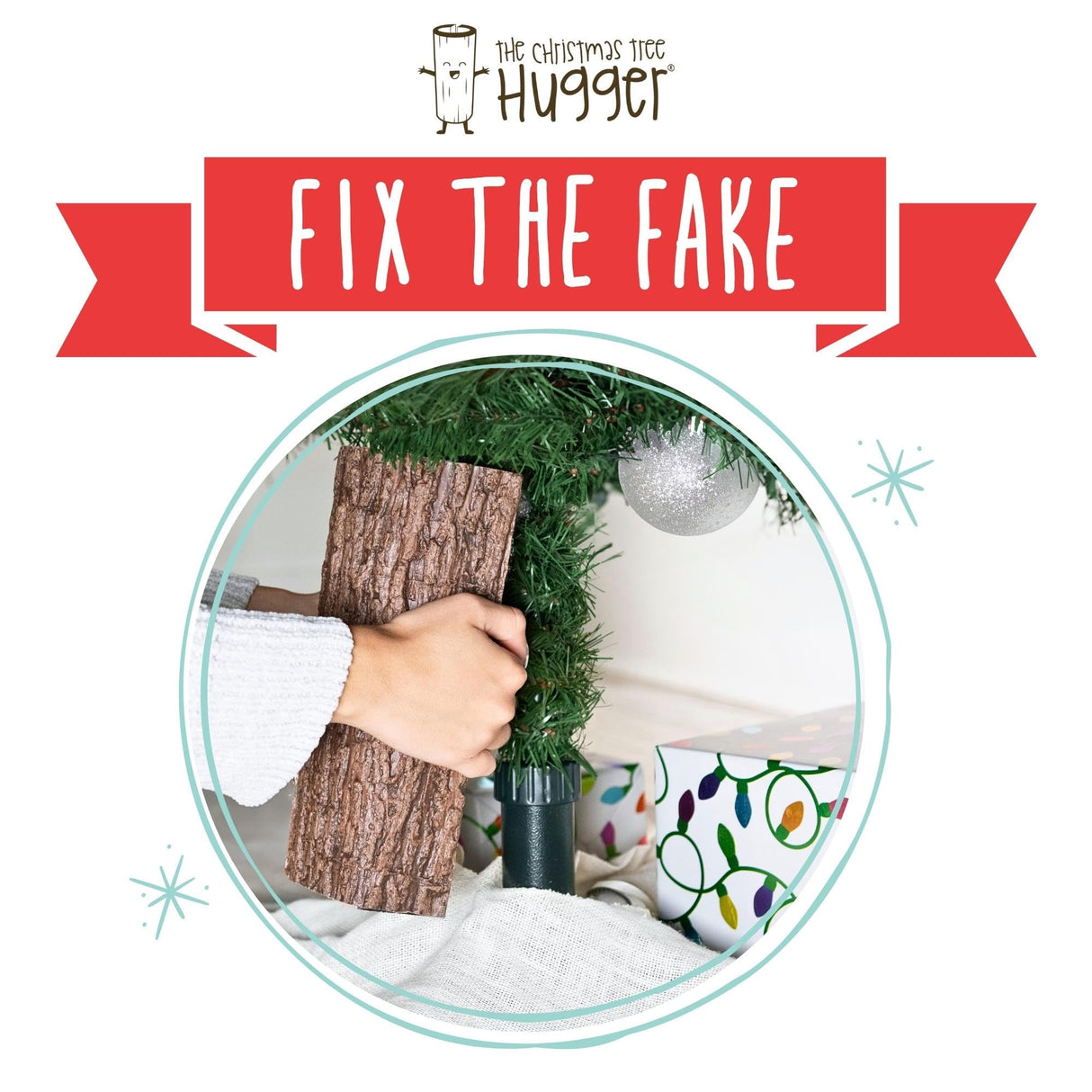 Realistic Faux Brown Bark Xmas Tree Skirt Hides Fake Pole, By Christmas Tree Hugger The Christmas Tree Hugger