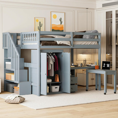 Full Size Wood Loft Bed with Desk,Wardrobe and Stairs, Bookshelf and Drawers,for Kids Teens Adults Bedroom Use (Gray#X, Full) Brabrety