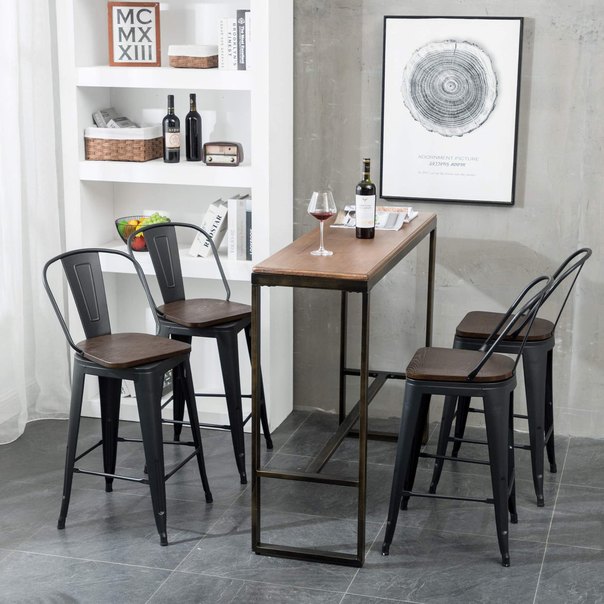 Aklaus Swivel Metal Bar Stools Set of 4 Counter Height Stools Counter Bar Stools with Back Swivel Metal Bar Chairs Wooded Seat 26 Inch Matte Black barstools Aklaus