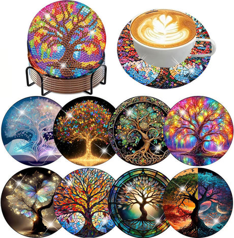 igoodom 8 Pcs Tree of Life Diamond Art Coasters Kit with Holder, DIY Tree Diamond Painting Coasters for Beginners Adults, Non Slip Diamond Art Kits Craft Supplies 4x4inch igoodom