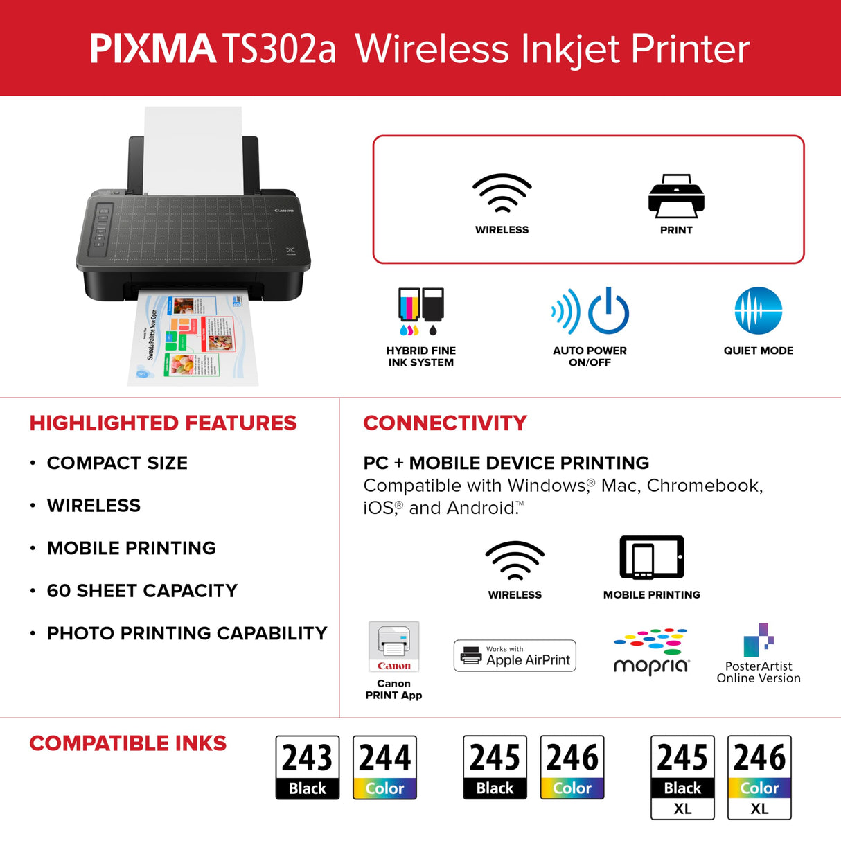 Canon USA PIXMA TS302a Wireless Inkjet Home Printer Canon