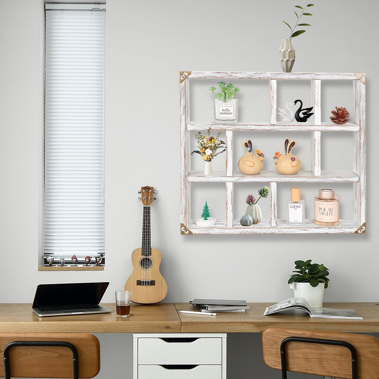 MITREL 17.7x15.7-Inch Shadow Box Shelf 9-Slot Rustic Floating Shelves Larger Wall Mounted Shelf Lightweight Solid Wood Display Shelf Freestanding Farmhouse(9C-Rustic White) MITREL