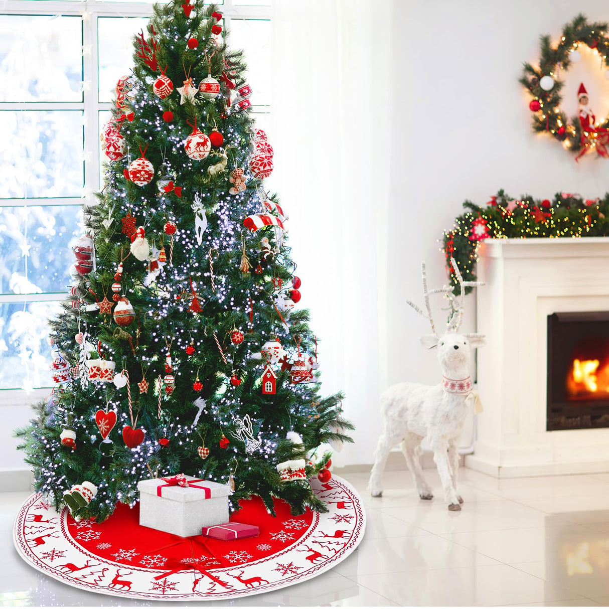 OurWarm Christmas Tree Skirt 48 Inches, Large Xmas Tree Skirts with Snowflake and Reindeer Pattern, Red and White Tree Mat for Christmas Winter Holiday Indoor Decorations OurWarm