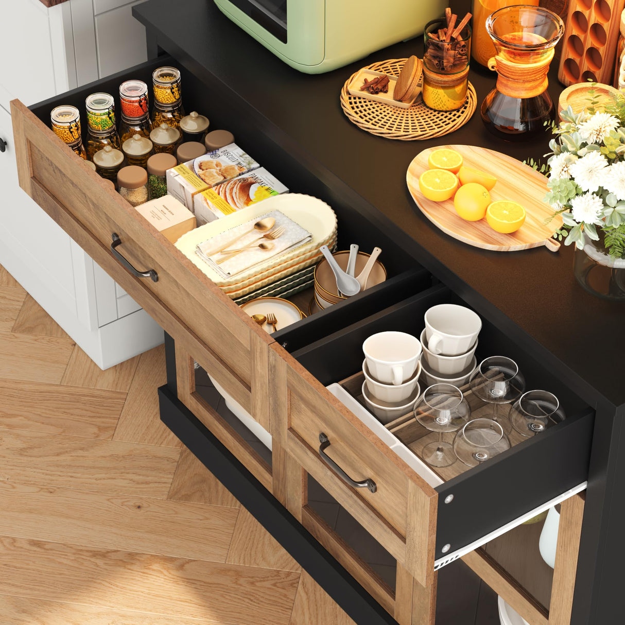 FINETONES 71" Pantry Cabinet with LED Light and Charging Station, Storage Cabinet with Microwave Stand, Kitchen Pantry Hutch Cupboard with Doors and Shelves, Black/Brown FINETONES