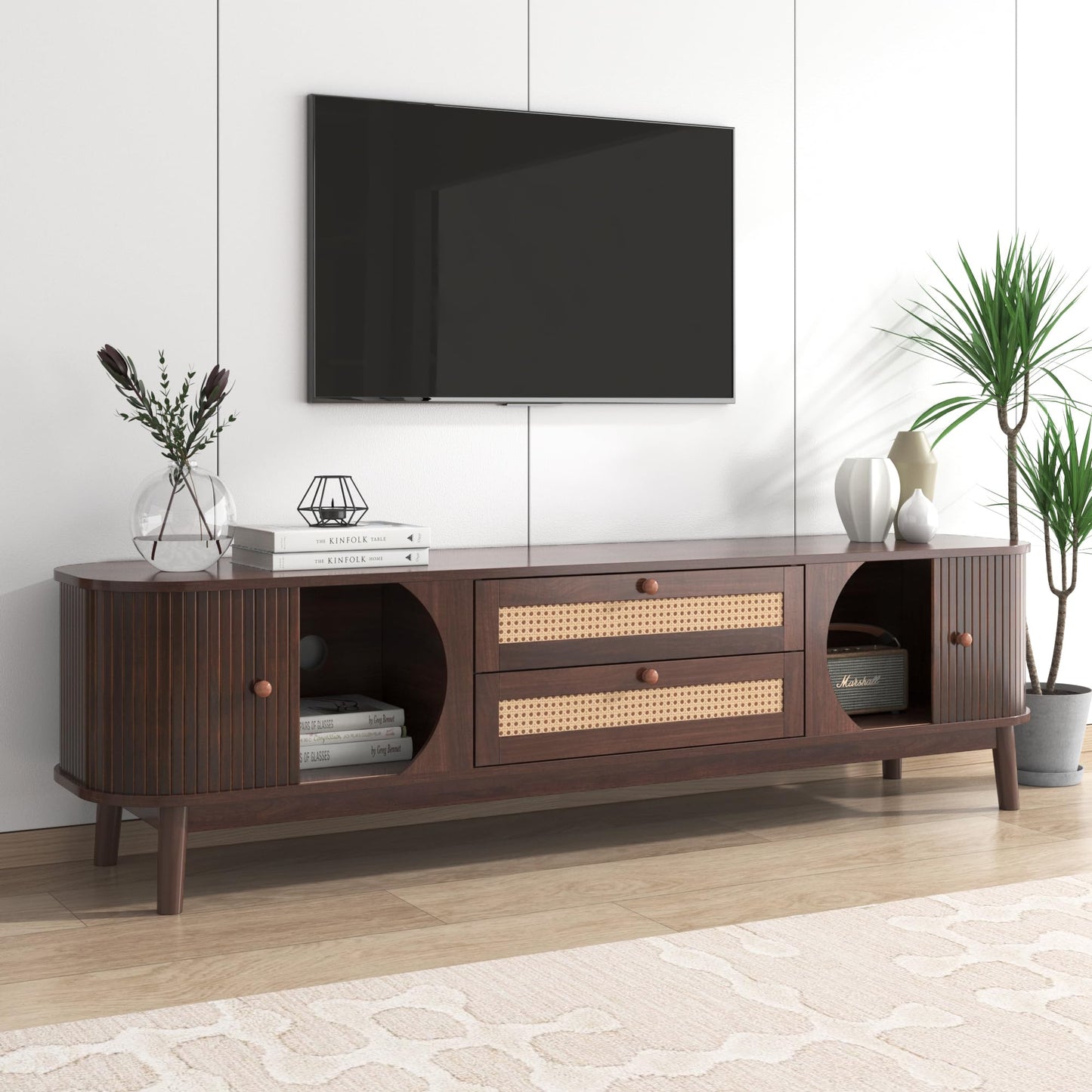 YESGIGA Rattan TV Stand for TVs up to 75'', Modern Farmhouse Media Console, Entertainment Center with Solid Wood Legs, TV Cabinet for Living