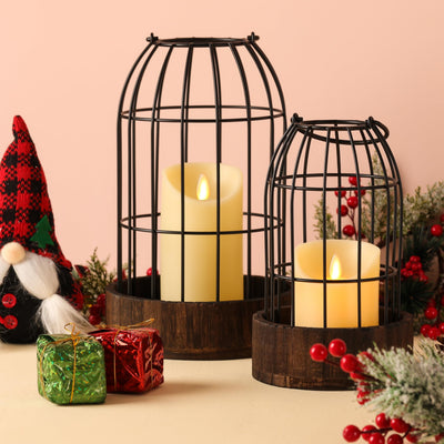 Perfnique Decorative Candle Lantern, Set of 2 Farmhouse Table Lanterns for Home Decor, Rustic Table Centerpieces for Dining Room, Fireplace Mantle Kitchen Decoration (Walnut)