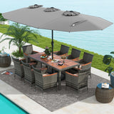 Tangkula 10 Pieces Patio Wicker Dining Set w/Double-Sided Patio Umbrella, Outdoor Acacia Wood Furniture Set w/ 8 Armchairs, 71” Dining Table & 15 ft Umbrella with Weighted Base (Gray) Tangkula