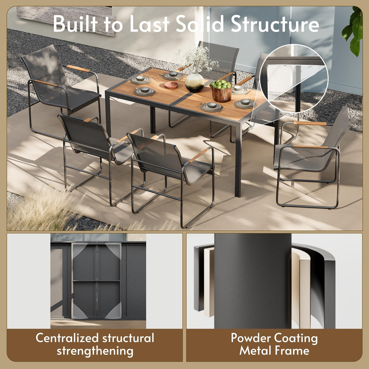 Rotihom 7 Pieces Patio Dining Set,Outdoor Patio Table and Chairs Set For 6 with 6 Texlin Seats & 59" Wood-Like Pspc Table, Strengthened Metal Frame Outdoor Patio Dining Sets For Backyard/Deck/Poolside Rotihom