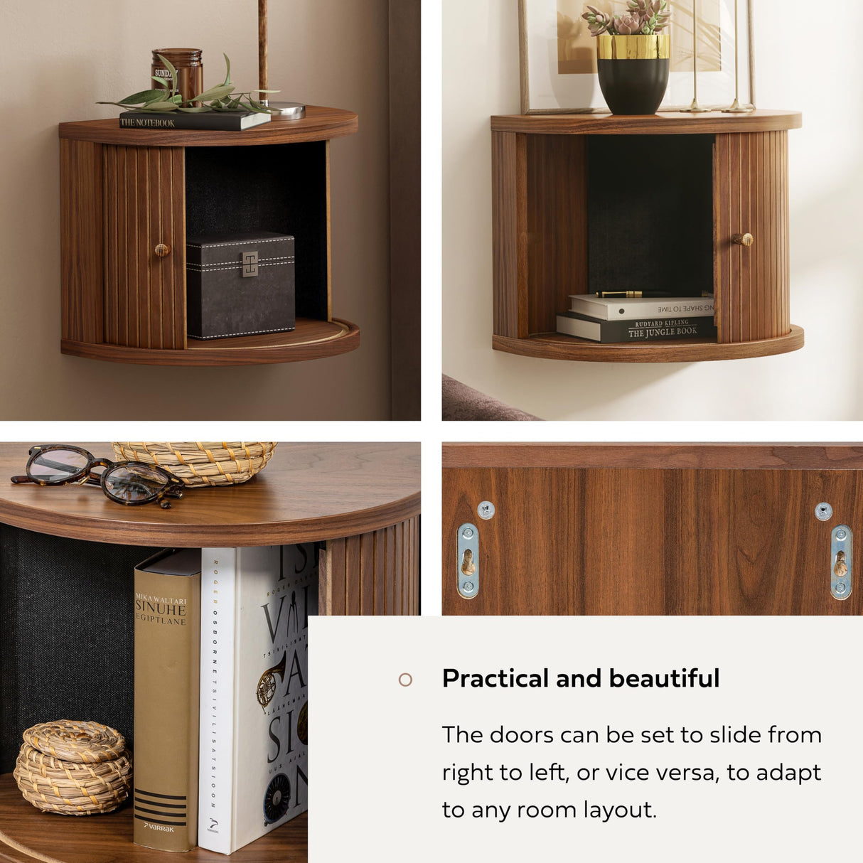 WERMO 16'' Floating Nightstand with Storage and Sliding Door - Floating Side Table for Living Room, Bedroom and Office. Mid Century Modern Nightstand Wood, Bedside Shelf Wall Mount (Walnut) WERMO