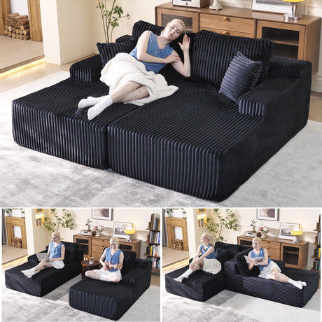 Oversized 79” Double Chaise Lounge Sofa Bed, Deep Seat Corduroy Cloud Loveseat Chair, No Assembly, Plush Upholstered Sleeper for Living Room or Bedroom (Black) WHGBJA