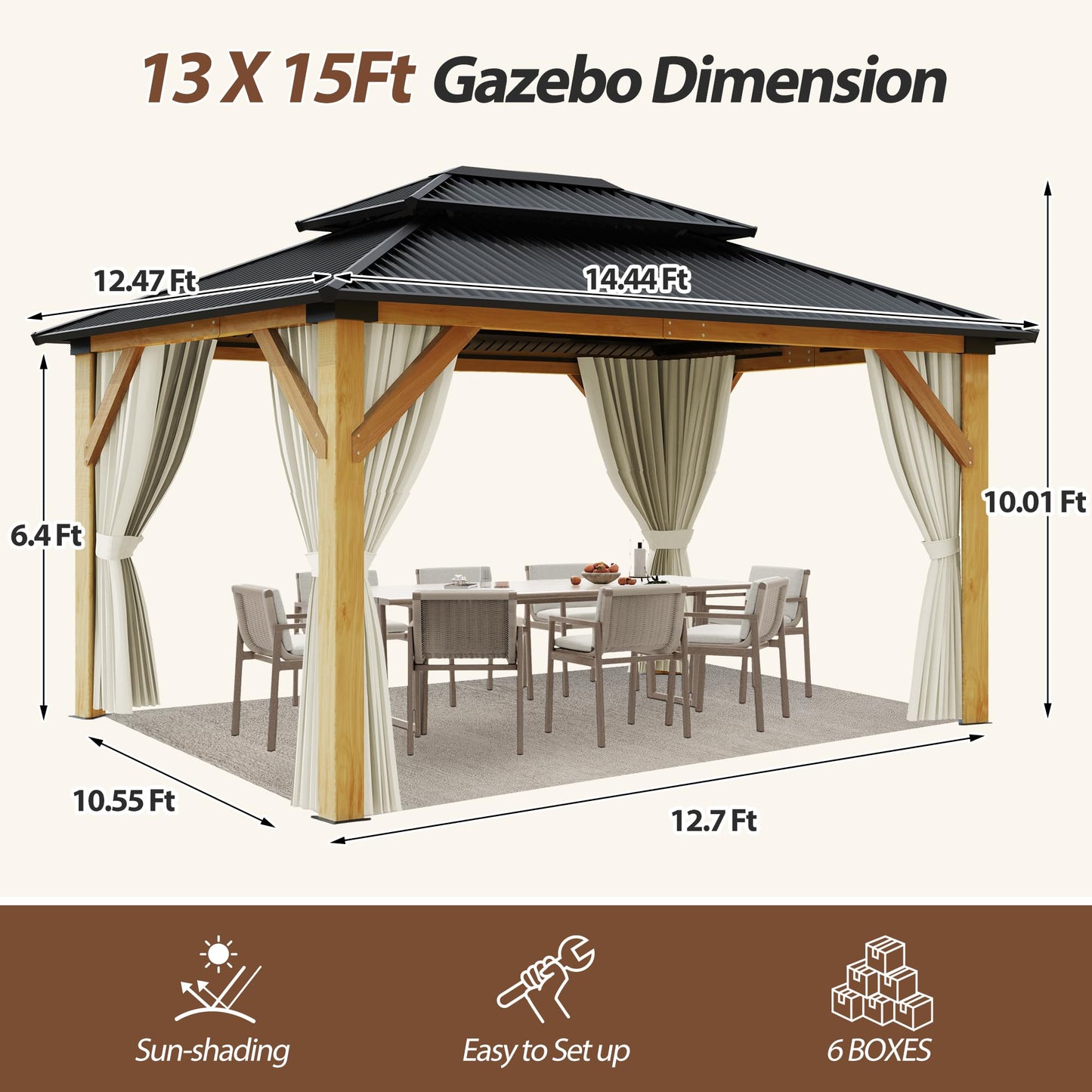 Rsyafung 13'x15' Wood Gazebo,Outdoor Hardtop Gazebo with Galvanized Steel Double Roof, Wooden Frame Gazebo with Netting and Curtains for Patio Backyard Deck Garden