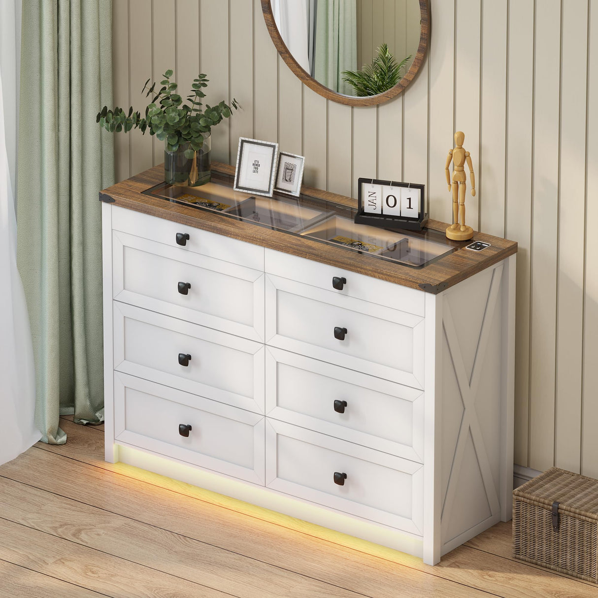 FREDEES Farmhouse Dresser for Bedroom with 8 Drawers, Wood Tall Chest of Drawers with LED Light/Charging Station/Human Sensor, Dressers Organizer for Closet, Living Room, Hallway, Antique White FREDEES